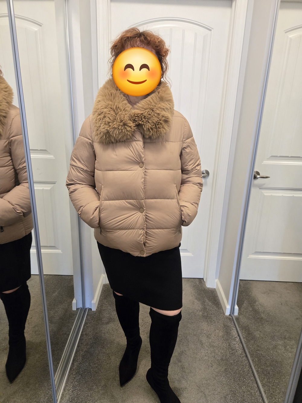 DKNY Camel-Tan Puffer Jacket with Plush Faux Fur Collar